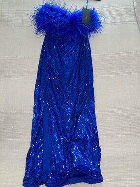 Fashion Nova Royal Blue Sequin Feather Midi Dress